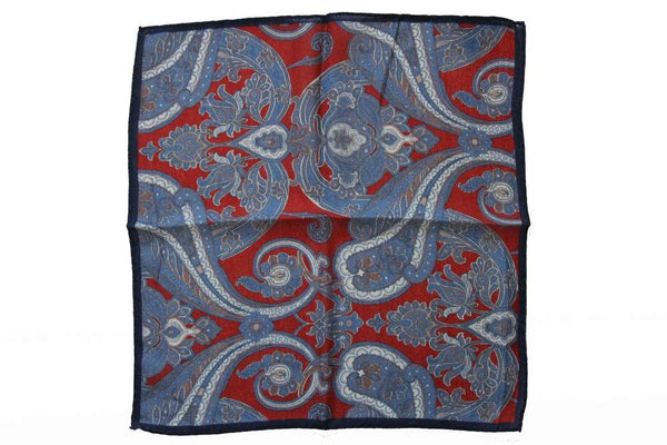 Battisti Pocket Square: Muted red with blue/white/grey paisleys, pure wool