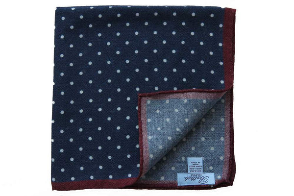 Battisti Pocket Square: Navy with white polkadot & burgundy trim, pure wool