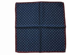 Battisti Pocket Square: Navy with white polkadot & burgundy trim, pure wool