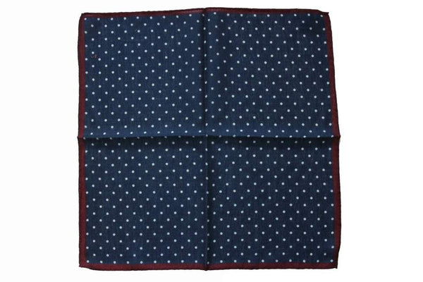 Battisti Pocket Square: Navy with white polkadot & burgundy trim, pure wool