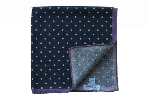 Battisti Pocket Square Navy with white polkadot with purple trim, pure wool