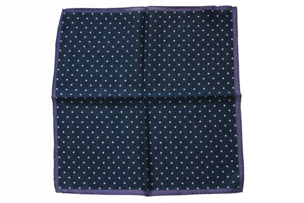 Battisti Pocket Square Navy with white polkadot with purple trim, pure wool