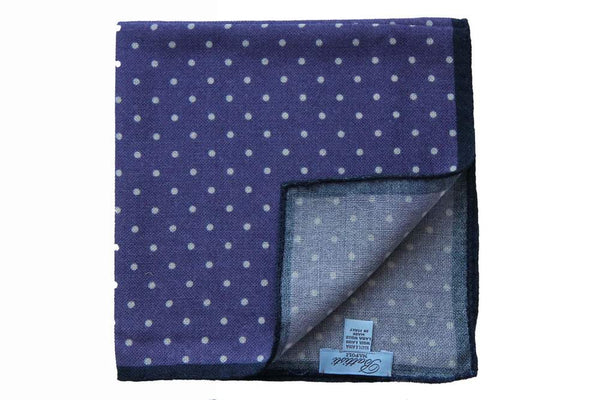 Battisti Pocket Square Purple with white polkadot & navy trim, pure wool