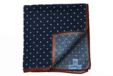 Battisti Pocket Square: Navy with white polkadot & rusty orange trim, pure wool
