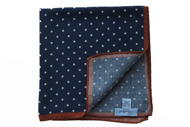 Battisti Pocket Square: Navy with white polkadot & rusty orange trim, pure wool