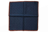 Battisti Pocket Square: Navy with white polkadot & rusty orange trim, pure wool