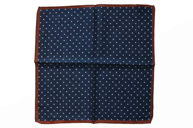 Battisti Pocket Square: Navy with white polkadot & rusty orange trim, pure wool