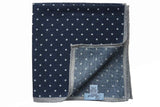 Battisti Pocket Square Navy with white polkadot & light grey trim, pure wool