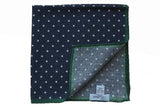 Battisti Pocket Square Navy with white polkadot & hunter green trim, pure wool