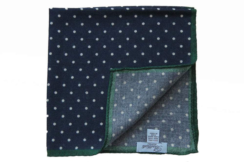 Battisti Pocket Square Navy with white polkadot & hunter green trim, pure wool