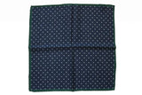 Battisti Pocket Square Navy with white polkadot & hunter green trim, pure wool