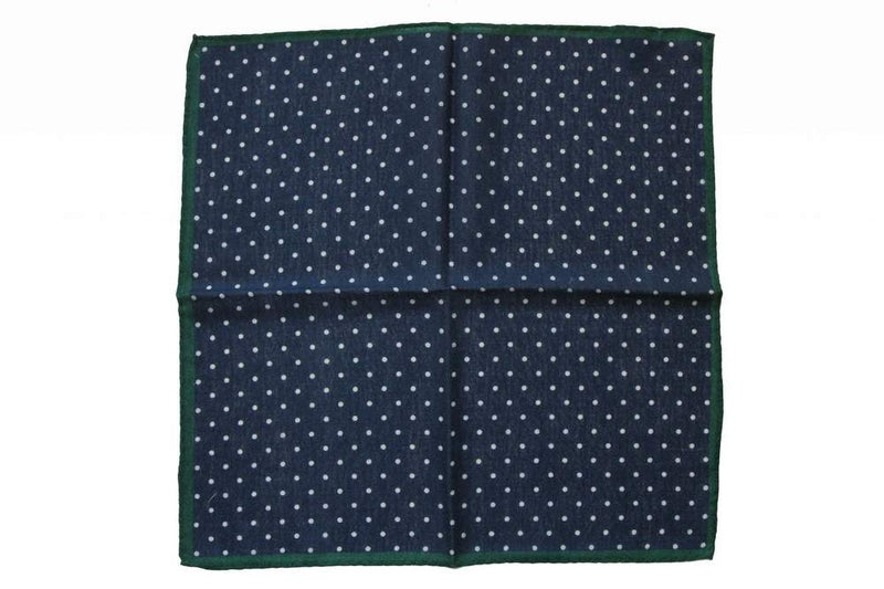 Battisti Pocket Square Navy with white polkadot & hunter green trim, pure wool