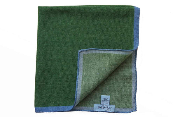 Battisti Pocket Square Grass green with pale blue trim, pure wool