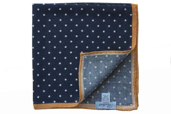 Battisti Pocket Square Navy with white polkadot & mustard trim