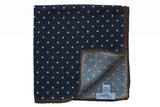 Battisti Pocket Square: Navy with white polkadot & brown trim, pure wool
