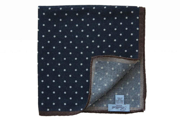 Battisti Pocket Square: Navy with white polkadot & brown trim, pure wool