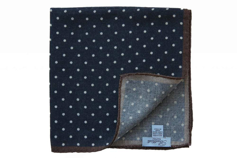 Battisti Pocket Square: Navy with white polkadot & brown trim, pure wool