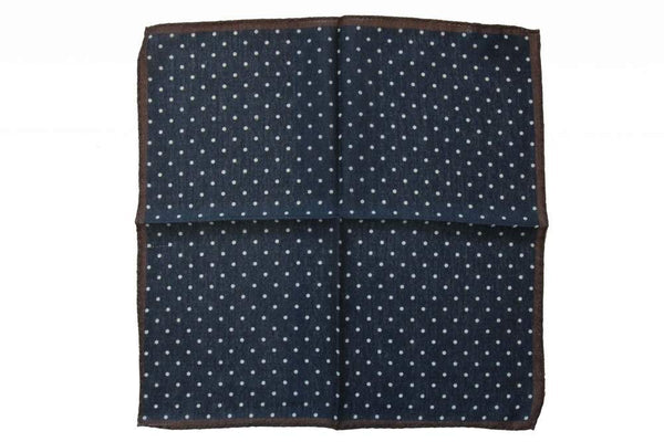 Battisti Pocket Square: Navy with white polkadot & brown trim, pure wool