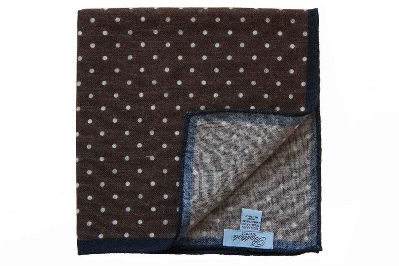Battisti Pocket Square: Brown with white polkadot & navy trim, pure wool