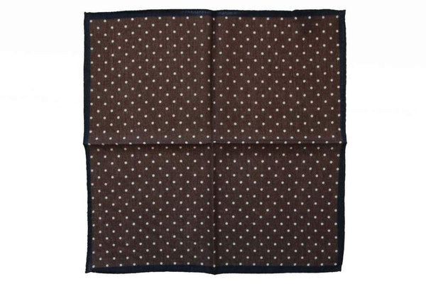 Battisti Pocket Square: Brown with white polkadot & navy trim, pure wool