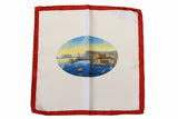 Battisti Pocket Square Port of Napoli Scene with red border, pure silk