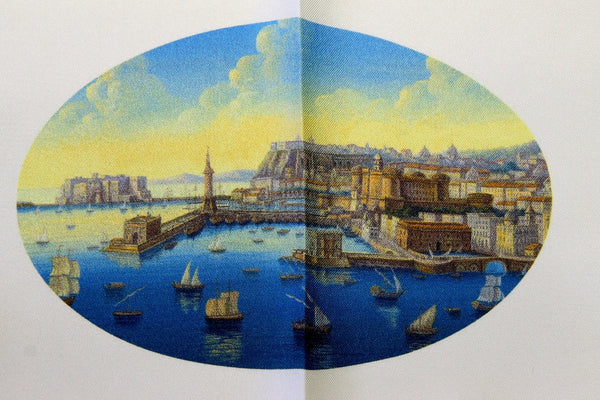 Battisti Pocket Square Port of Napoli Scene with navy border, pure silk