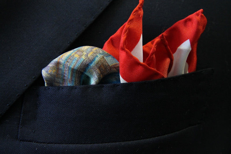 Battisti Pocket Square Port of Napoli Scene with red border, pure silk