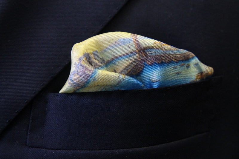 Battisti Pocket Square Port of Napoli Scene with red border, pure silk