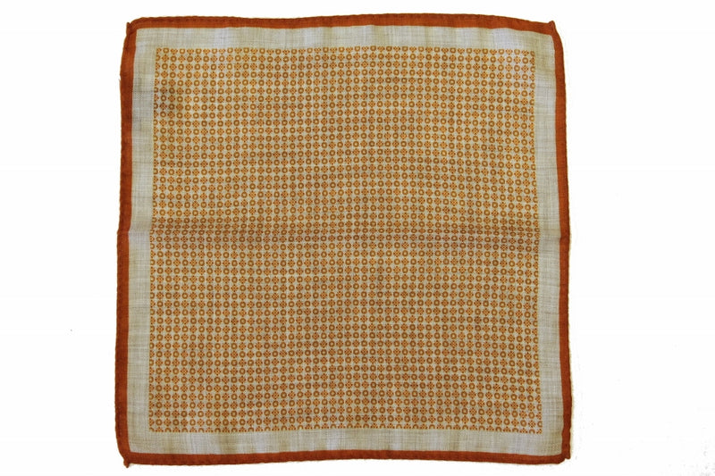 Battisti Pocket Square Strong orange geometric pattern with beige Pure wool