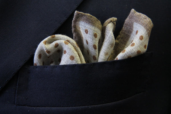 Battisti Pocket Square: Mushroom brown polkadot with beige, pure wool