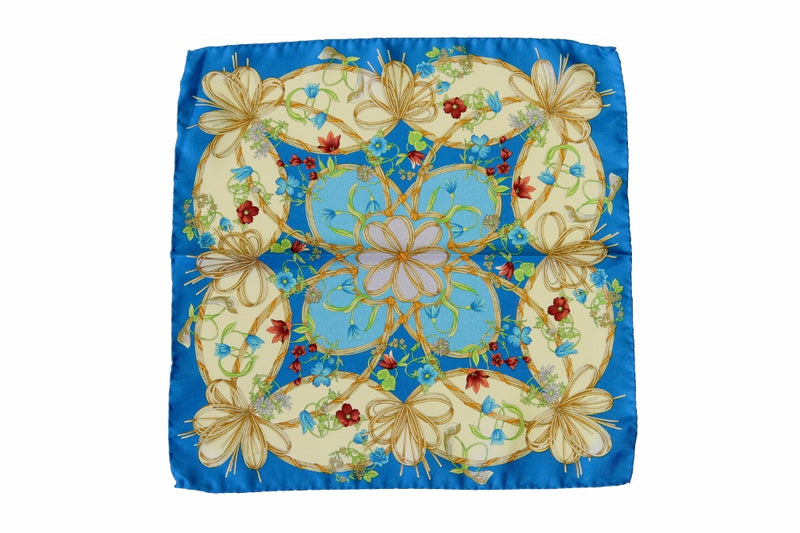 Battisti Pocket Square Bright turquoise & beige floral pattern Pure Silk