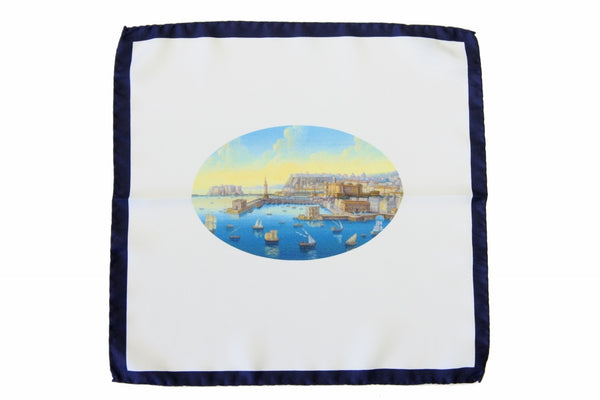 Battisti Pocket Square Port of Napoli Scene with navy border, pure silk