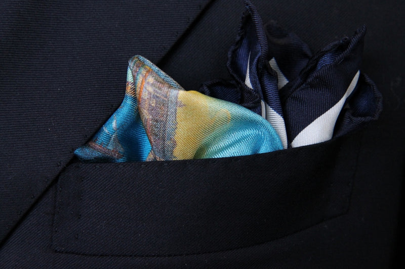 Battisti Pocket Square Port of Napoli Scene with navy border, pure silk