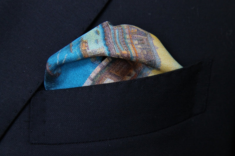 Battisti Pocket Square Port of Napoli Scene with navy border, pure silk