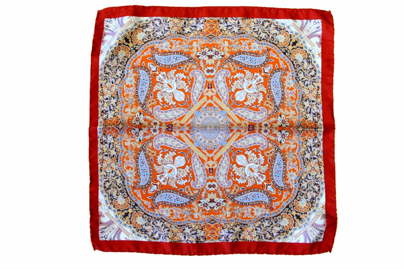 Battisti Pocket Square Red with navy/orange/sky blue, pure silk