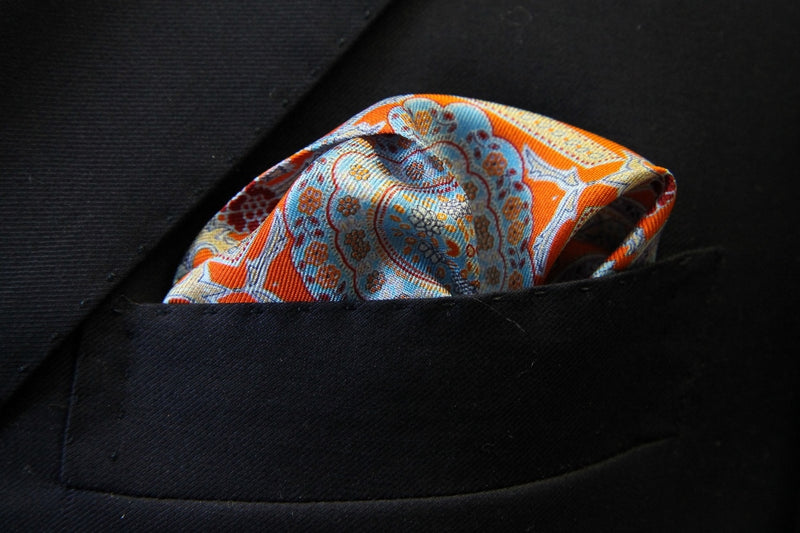 Battisti Pocket Square Red with navy/orange/sky blue, pure silk