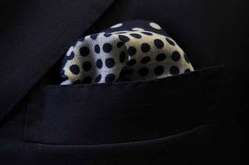Battisti Pocket Square: Split navy & stone grey polkadots, pure wool