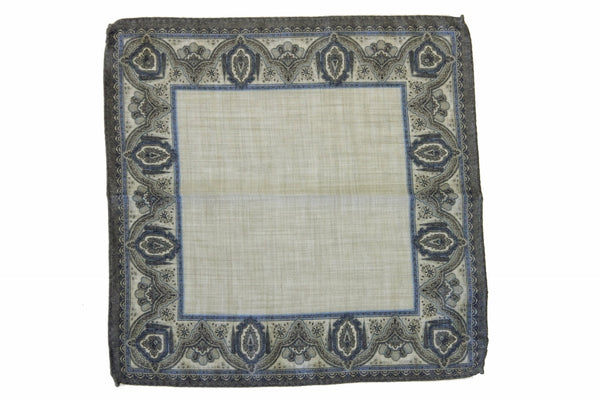 Battisti Pocket Square Grey with blue framed pattern, pure wool