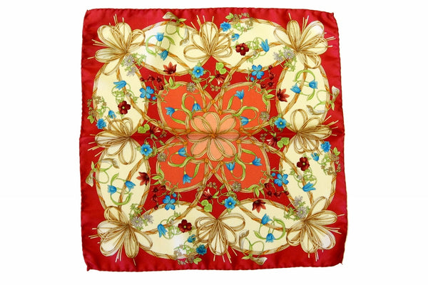 Battisti Pocket Square Ruby red with beige floral pattern, pure silk