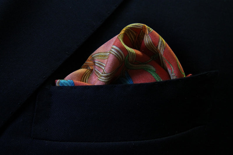 Battisti Pocket Square Ruby red with beige floral pattern, pure silk