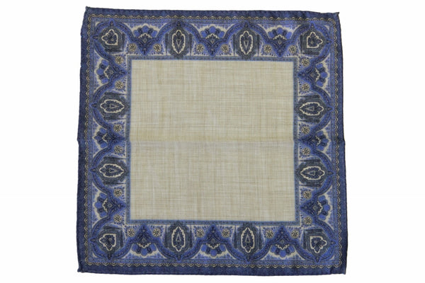 Battisti Pocket Square Blue with grey framed pattern, pure wool