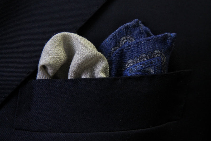 Battisti Pocket Square Blue with grey framed pattern, pure wool