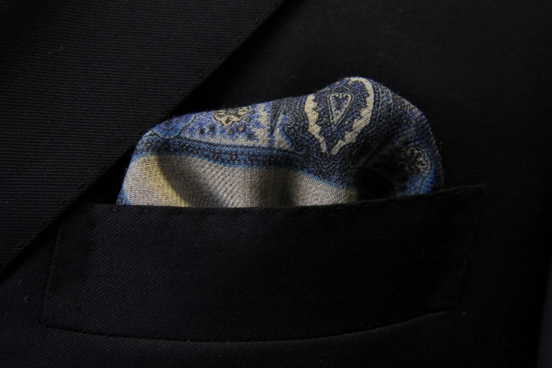Battisti Pocket Square Blue with grey framed pattern, pure wool
