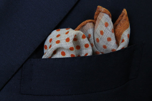 Battisti Pocket Square: Rust with orange polkadots on beige, pure wool