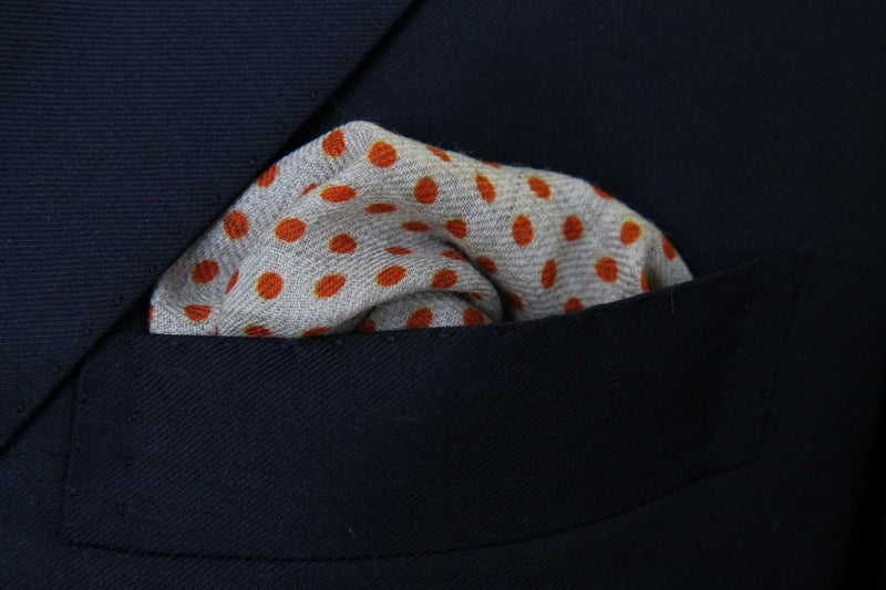 Battisti Pocket Square: Rust with orange polkadots on beige, pure wool