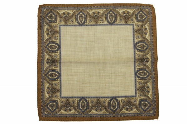Battisti Pocket Square Light brown with mushroom/blue framed pattern, pure wool