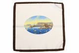 Battisti Pocket Square: Port of Napoli Scene with brown border, pure silk