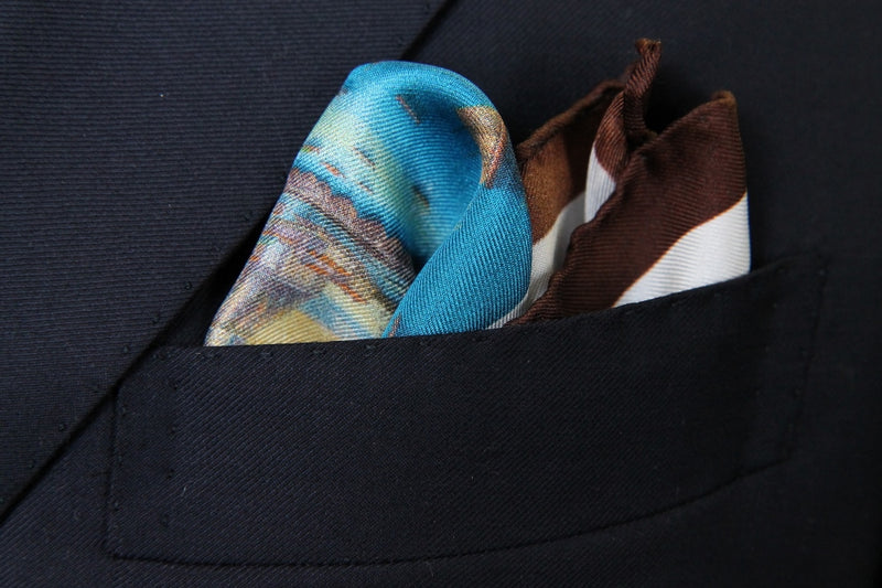 Battisti Pocket Square: Port of Napoli Scene with brown border, pure silk