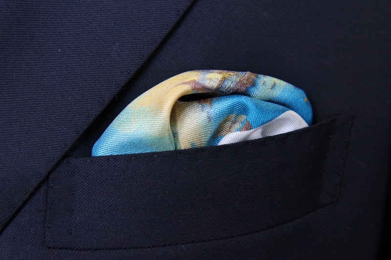 Battisti Pocket Square: Port of Napoli Scene with brown border, pure silk