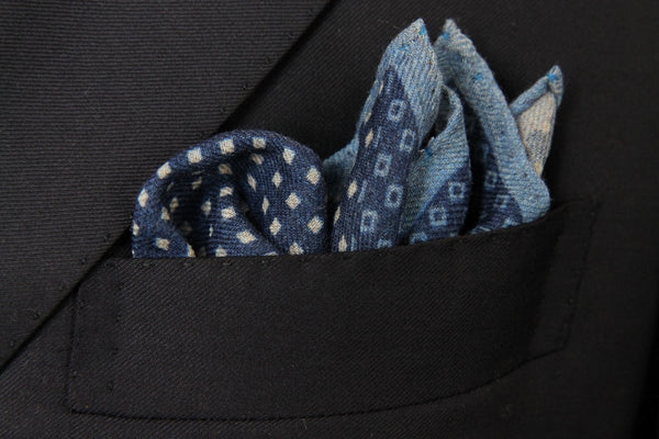 Battisti Pocket Square: Split blue & navy geometric pattern, pure wool